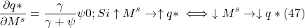 \[\frac{\partial q \ast}{\partial M^s} = \frac{ \gamma}{ \gamma + \psi} \psi \gt 0; Si \uparrow M^s \to \uparrow q \ast \iff \downarrow M^s \to \downarrow q \ast (47)\]