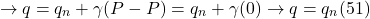 \[ \to q = q_n + \gamma (P - P) = q_n + \gamma (0) \to q = q_n (51)\]