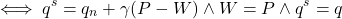 \[ \iff q ^s = q_n + \gamma (P - W) \wedge W = P \wedge q^s = q \]