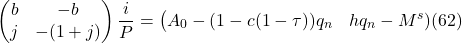 \[ \begin{pmatrix} b & -b \\ j & - (1 + j) \end{pmatrix} \frac{i}{P} = \begin{pmatrix} A_0 - (1 - c(1 - \tau )) q_n & hq_n - M^s) (62)\]