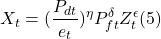 \[X_t=(\frac{P_{dt}}{e_t})^{\eta} P^{\delta}_{ft} Z^{\epsilon}_t (5)\]